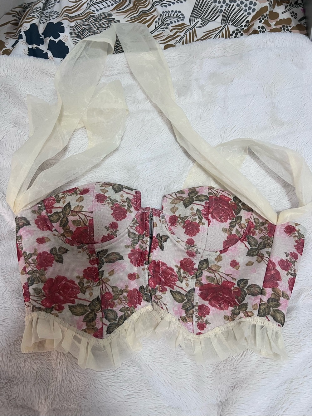Floral Halter Bustier Crop Top in Pink and Cream